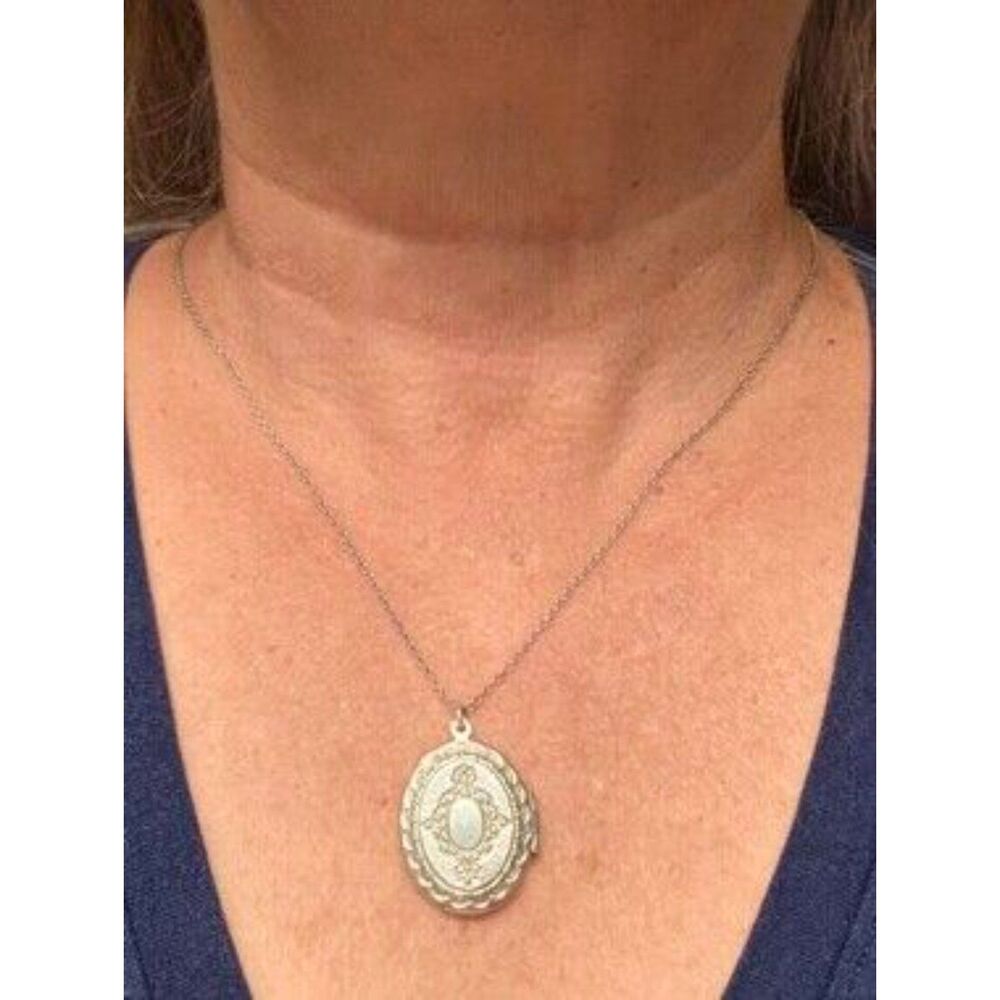 Silvertone Locket Necklace With Decorative Engraving - Picture 5 of 5